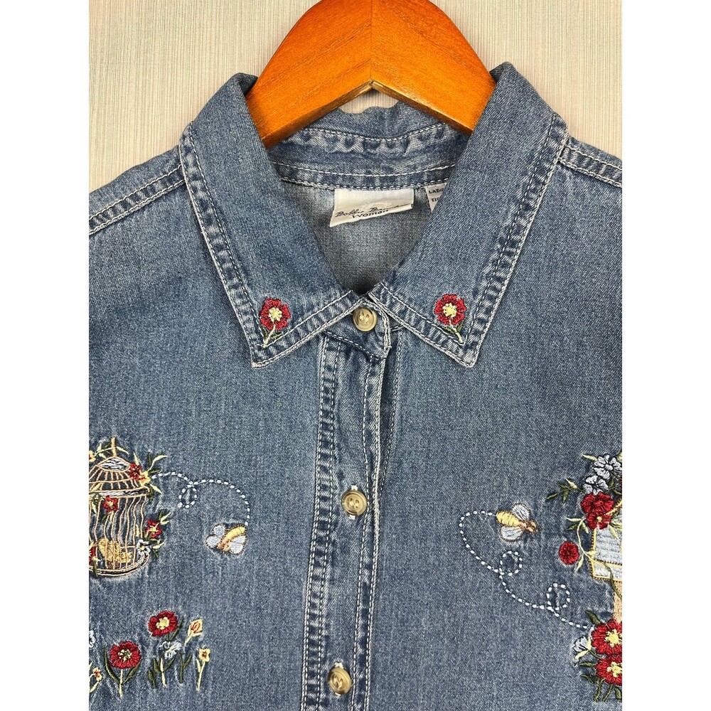 Bobbie Brooks Denim Shirt Womens 14W Blue Embroidered Button Down Cottagecore - Picture 4 of 11